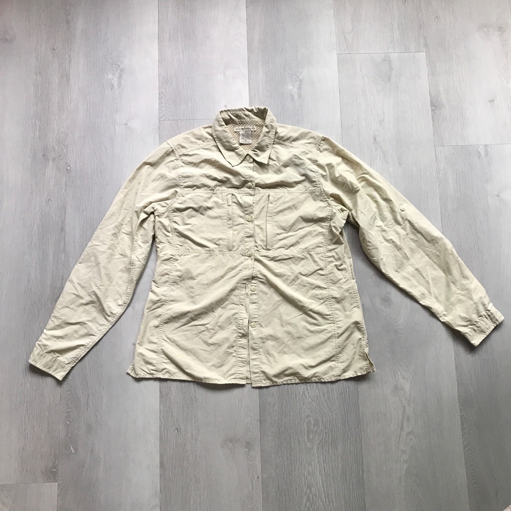 EXOFFICIO SHIRT BUTTON FRONT LONG SLEEVE BEIGE WOMENS MEDIUM